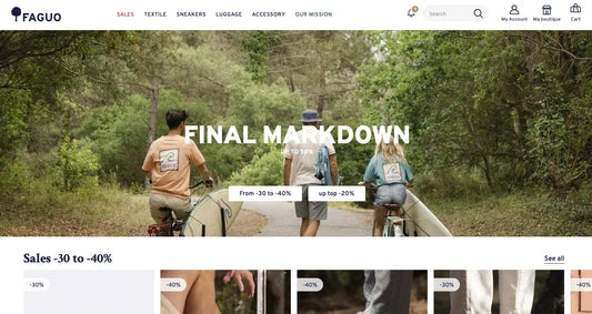 FAGUO website with promotional text and images of people on a nature trail.