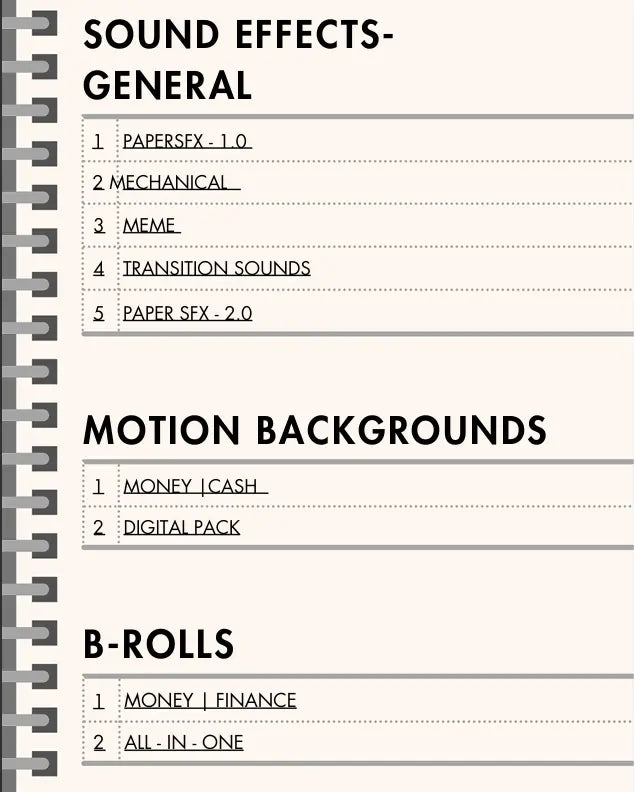 Spiral-bound notebook with text on sound effects, motion backgrounds, and B-rolls categories.