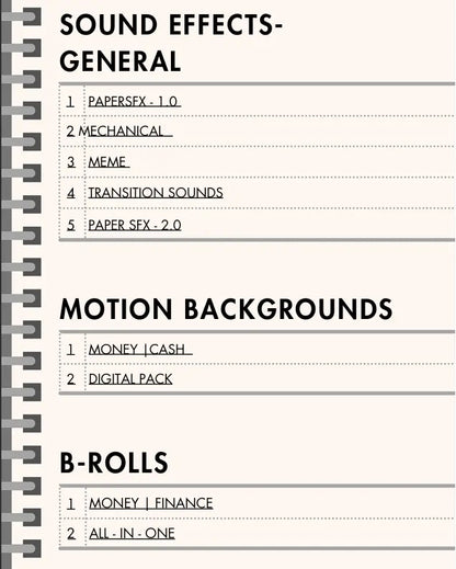 Spiral-bound notebook with text on sound effects, motion backgrounds, and B-rolls categories.