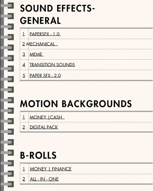 Spiral-bound notebook with text on sound effects, motion backgrounds, and B-rolls categories.