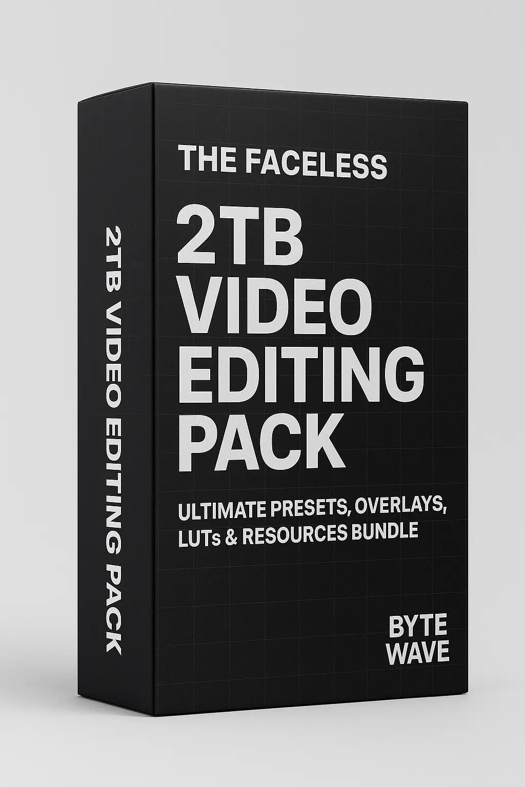 Black box packaging for 'The Faceless 2TB Video Editing Pack' by Byte Wave on a light gray background