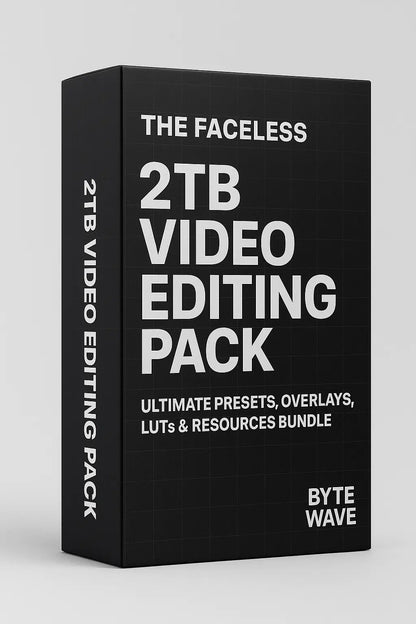Black box packaging for 'The Faceless 2TB Video Editing Pack' by Byte Wave on a light gray background