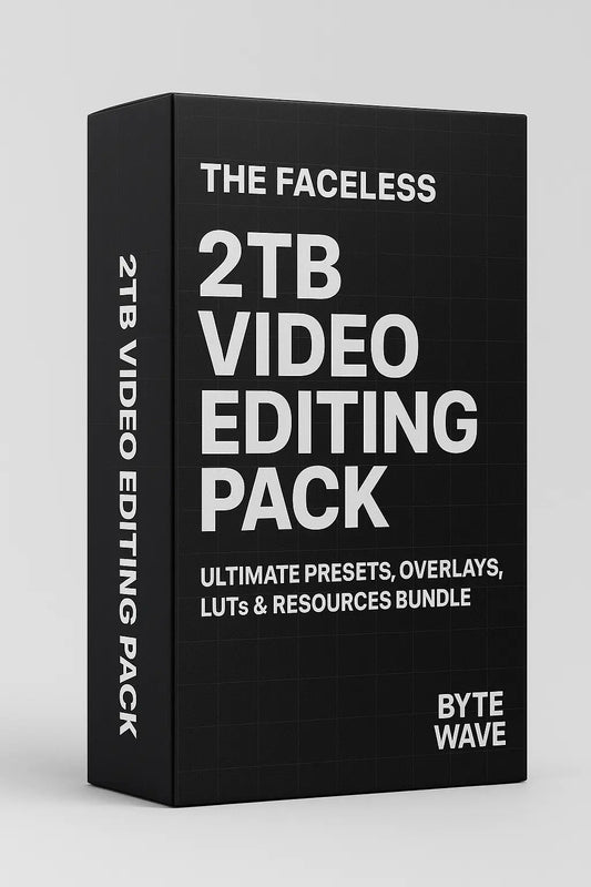 Black box packaging for 'The Faceless 2TB Video Editing Pack' by Byte Wave on a light gray background