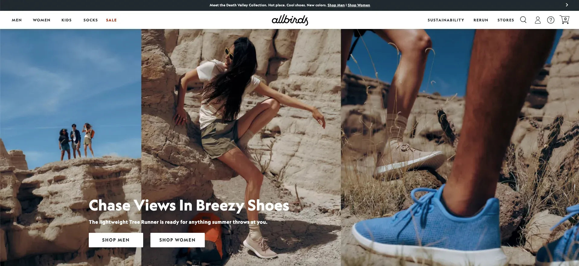 Allbirds website with promotional text and images of people wearing shoes in natural settings.