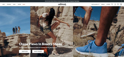 Allbirds website with promotional text and images of people wearing shoes in natural settings.